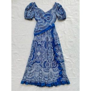 Vintage 1970s Blue Bandana Calico Sweetheart Prairie Ruffle Maxi Dress XS